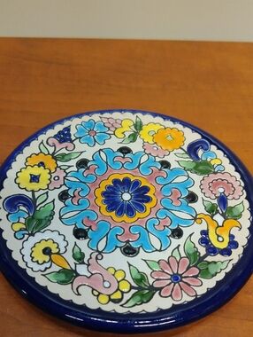 Hand-Painted Mexican Talavera Blue Floral Wall Art / Candle Plate 5.5" Diameter